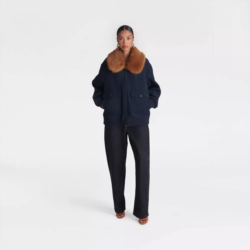 KBB by KAHLANA x Target XXL The Faux Fur Collar Bomber Coat Jacket Navy Blue - Picture 9 of 9